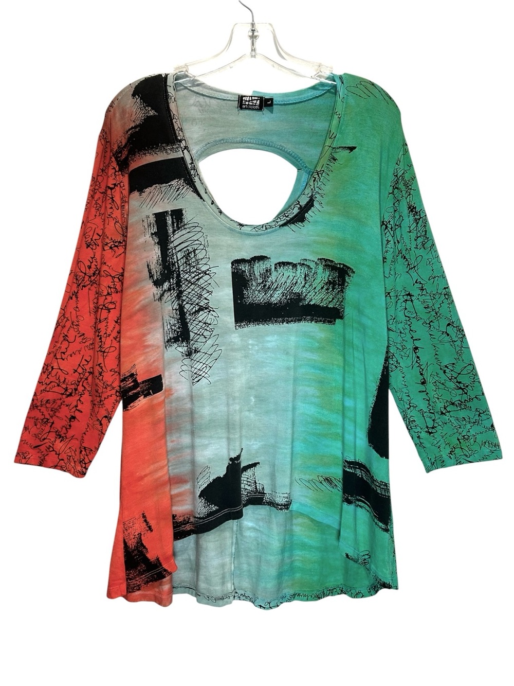 Art of Cloth Red & Green Wearable Art Tunic, Cutout Back, 3/4 Sleeves - Large